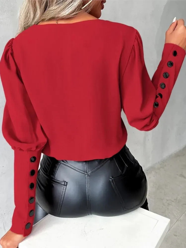 Top Elegante trendige Bluse mit V-Ausschnitt und langen Ärmeln
