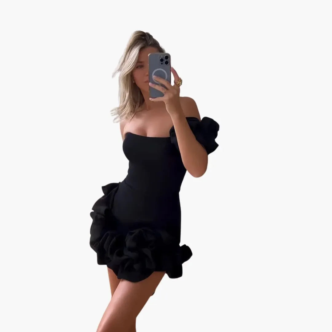 Womenâ€™s mini dress with one-shoulder design and ruffle hem