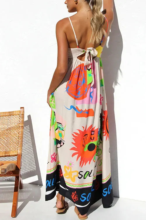 Tie Back Cut Out Graffiti Print Flowy Maxi Cami Dress