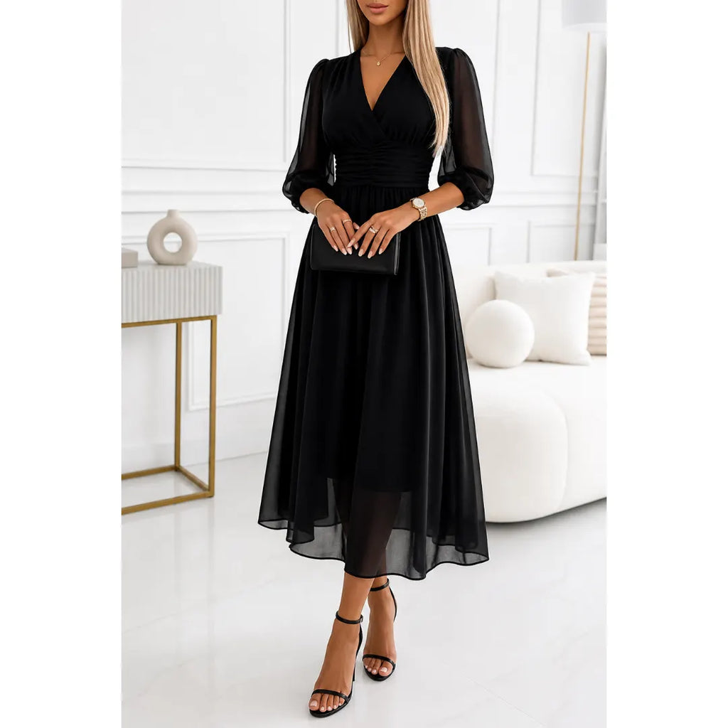 Dames Midi Jurk met Ruche Taille en Luchtige Stof