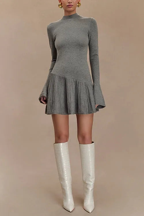 Mockneck Bell Sleeves Ruffle Mini Sweater Dress