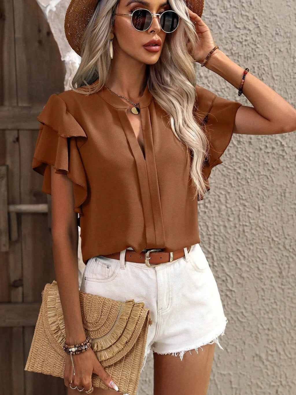 Ruffle Sleeve Notched Blouse