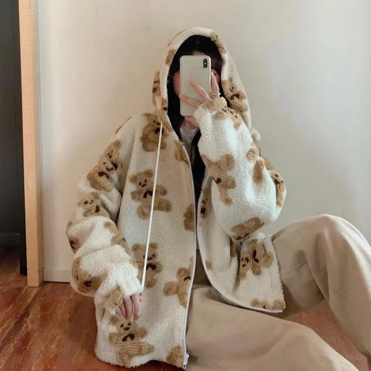 Harajuku Bär Teddy Druck Plüsch Jacke flauschige Kapuze Oberbekleidung
