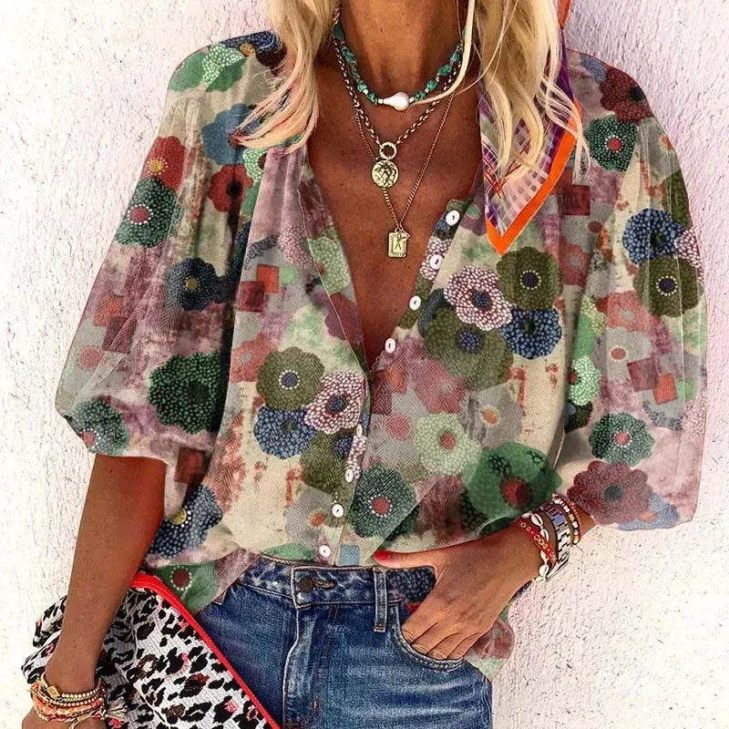 Bluse mit Blumenmuster – Knopfleiste & Langarm