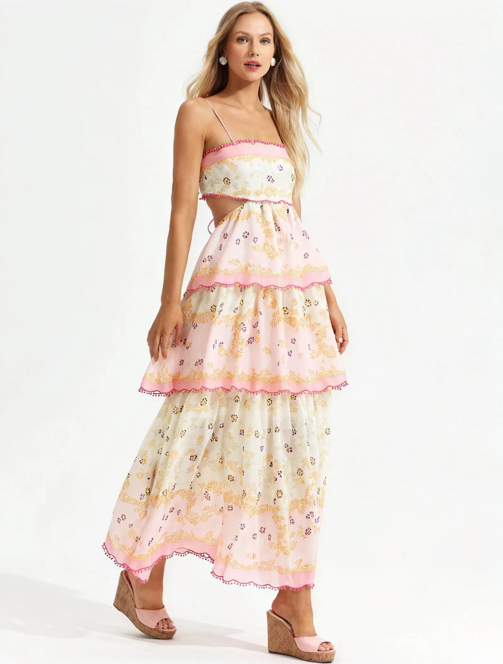 Geblümtes Midi-Kleid mit Stufenrock