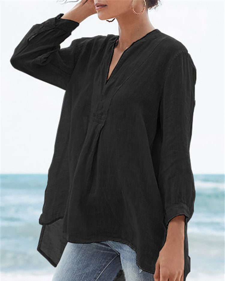 Fashion Linen Solid Color Loose Shirt - S/5XL