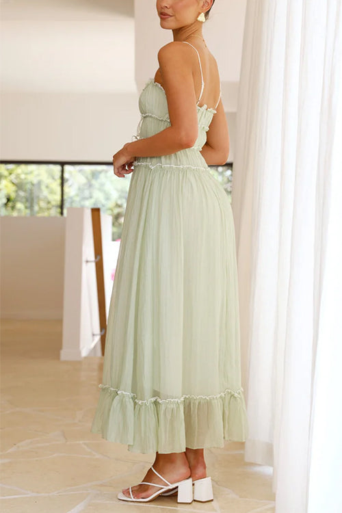 Frill Trim Lace Up Ruched Maxi Cami Dress