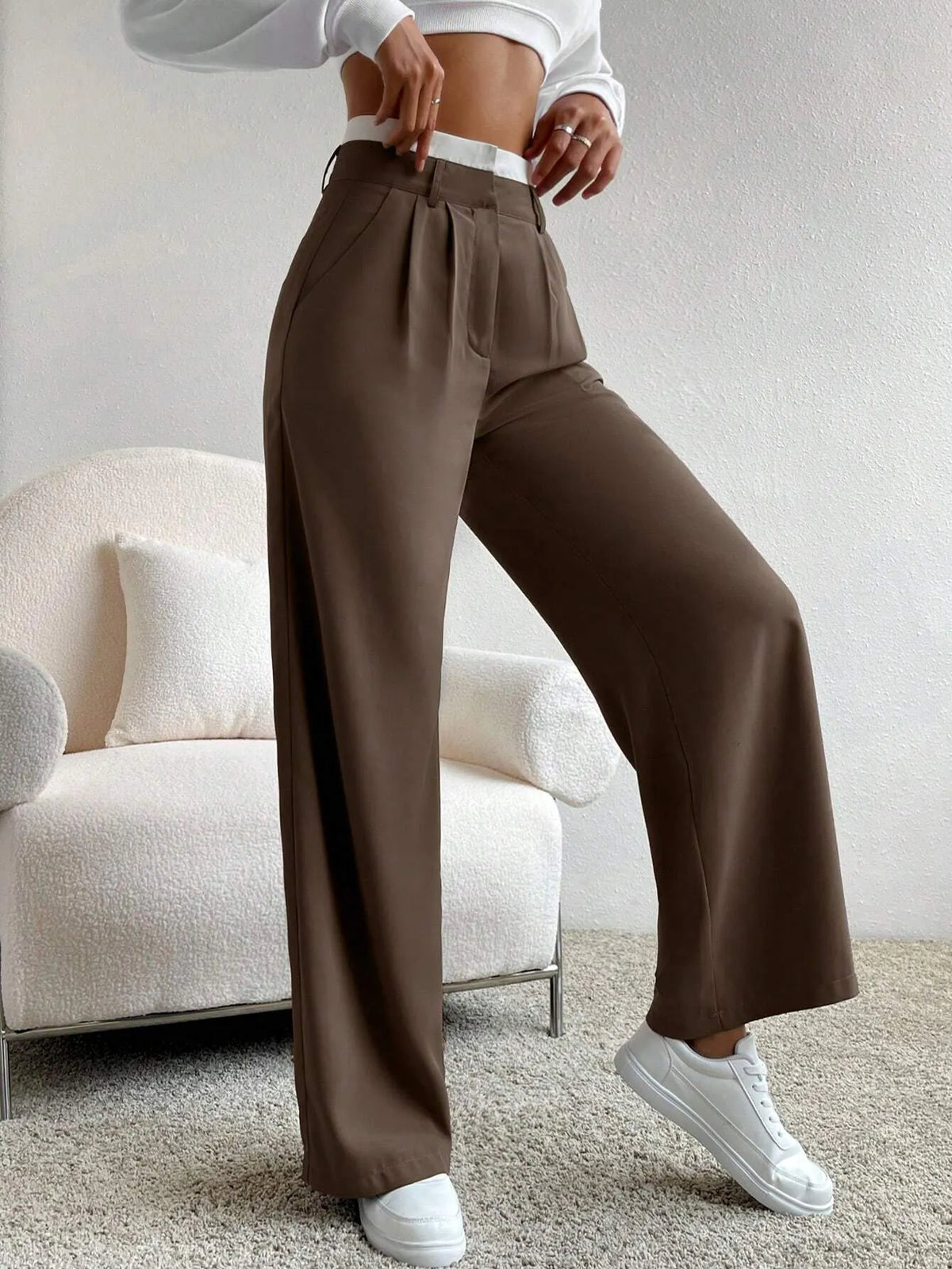 CalÃ§a Feminina Pantalona Paris Marrom com Branco