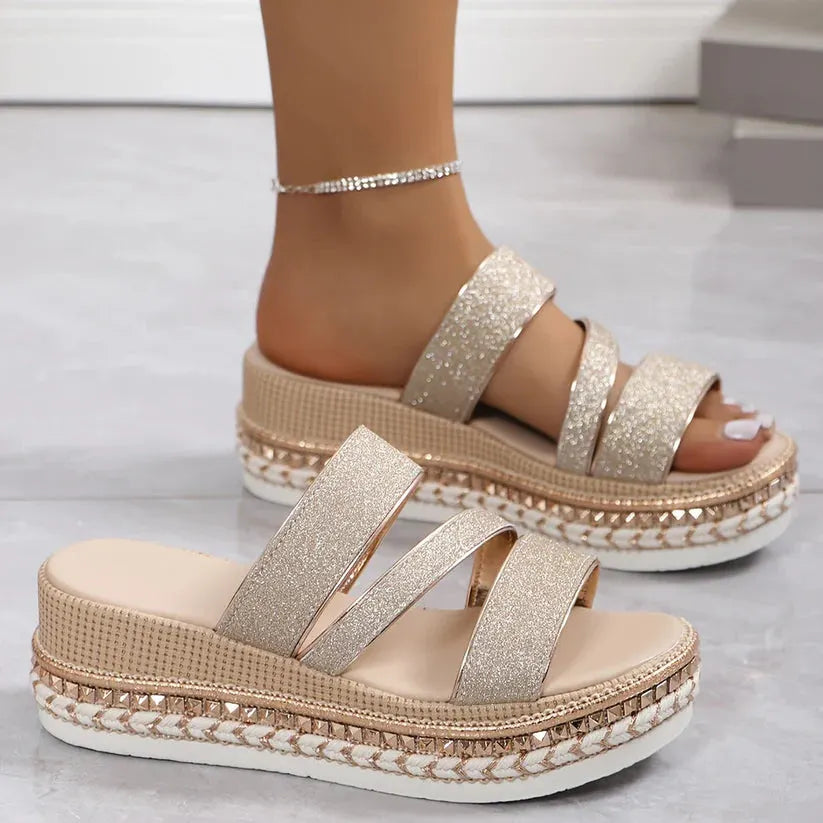 Stylish Women's Gold Platform Sandals with Buckle and Braided Edge