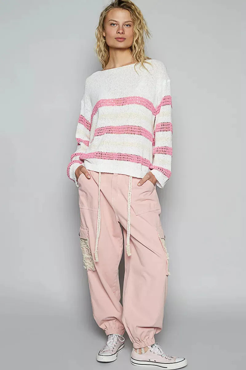 POL Striped Openwork Round Neck Knit Top