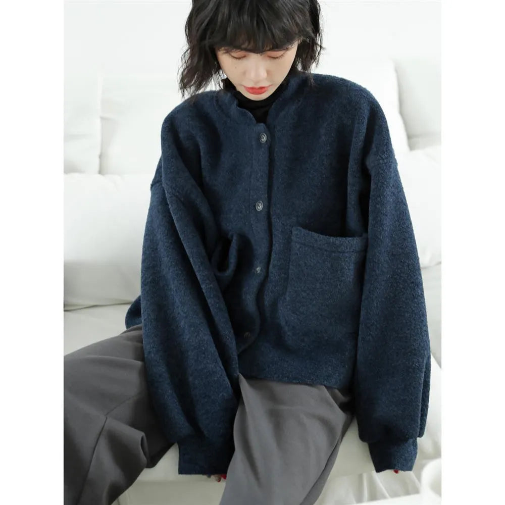 Lässig Lang Ärmel Taschen Blau Jacke