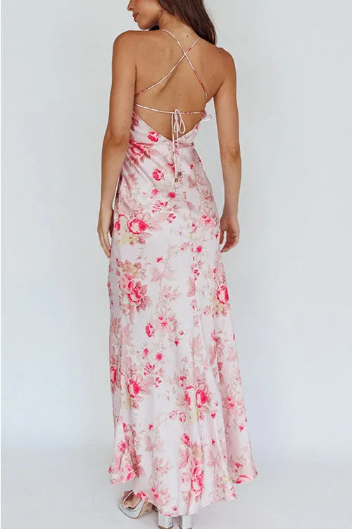 V Neck Open Back Floral Print Satin Maxi Cami Dress