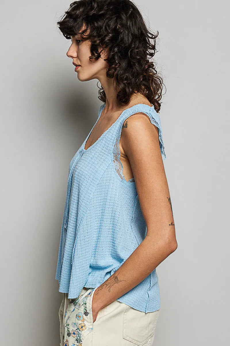 POL Textured Knit Round Neck Tank with Lace Detail