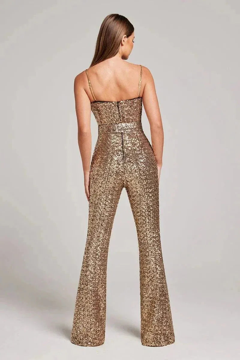 Women's Sequin Jumpsuit with Flared Legs
