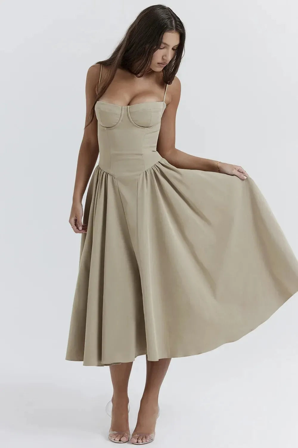 Midi-Kleid mit Spaghettiträgern & plissiertem Rock