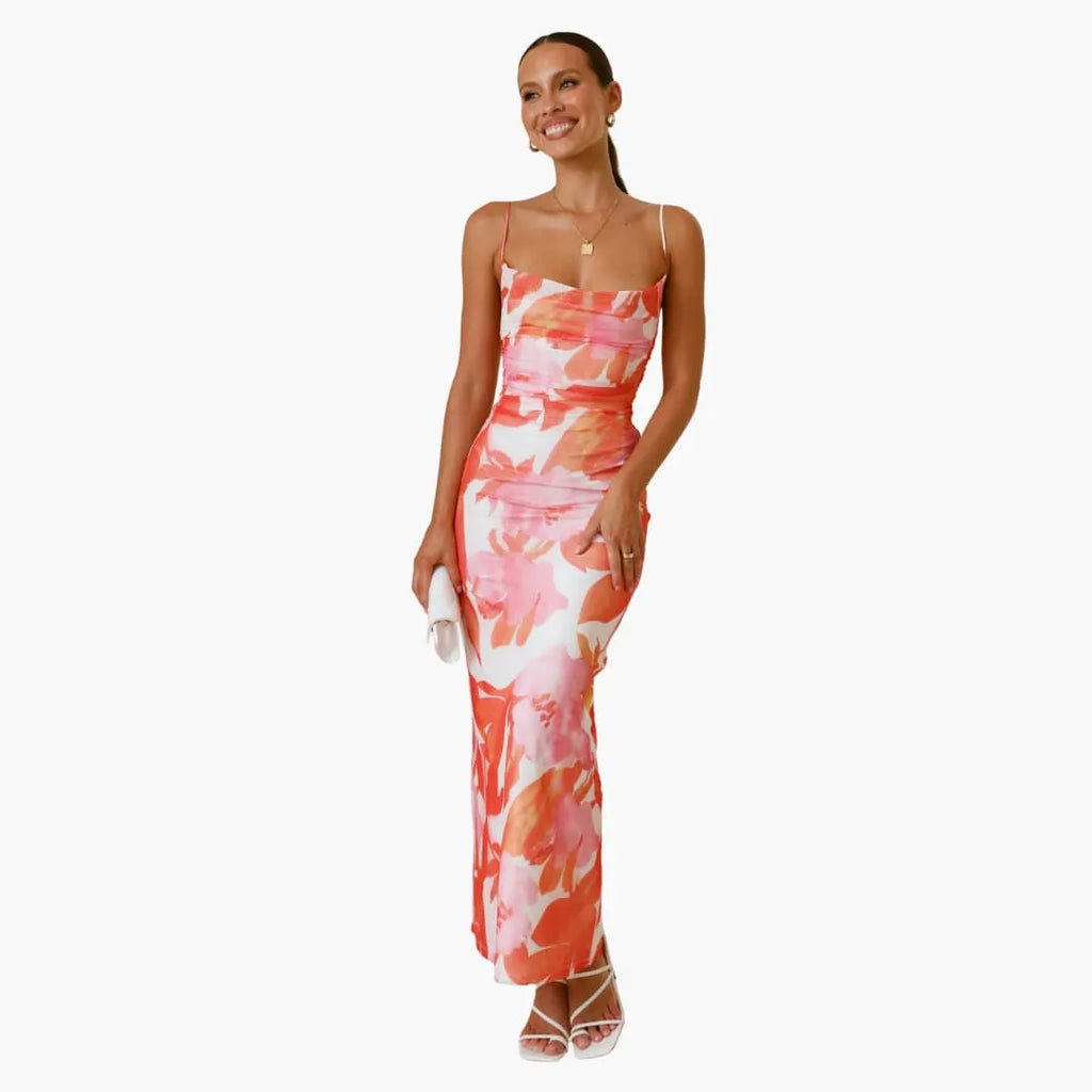 Womenâ€™s maxi dress with cowl neckline and lace-up back