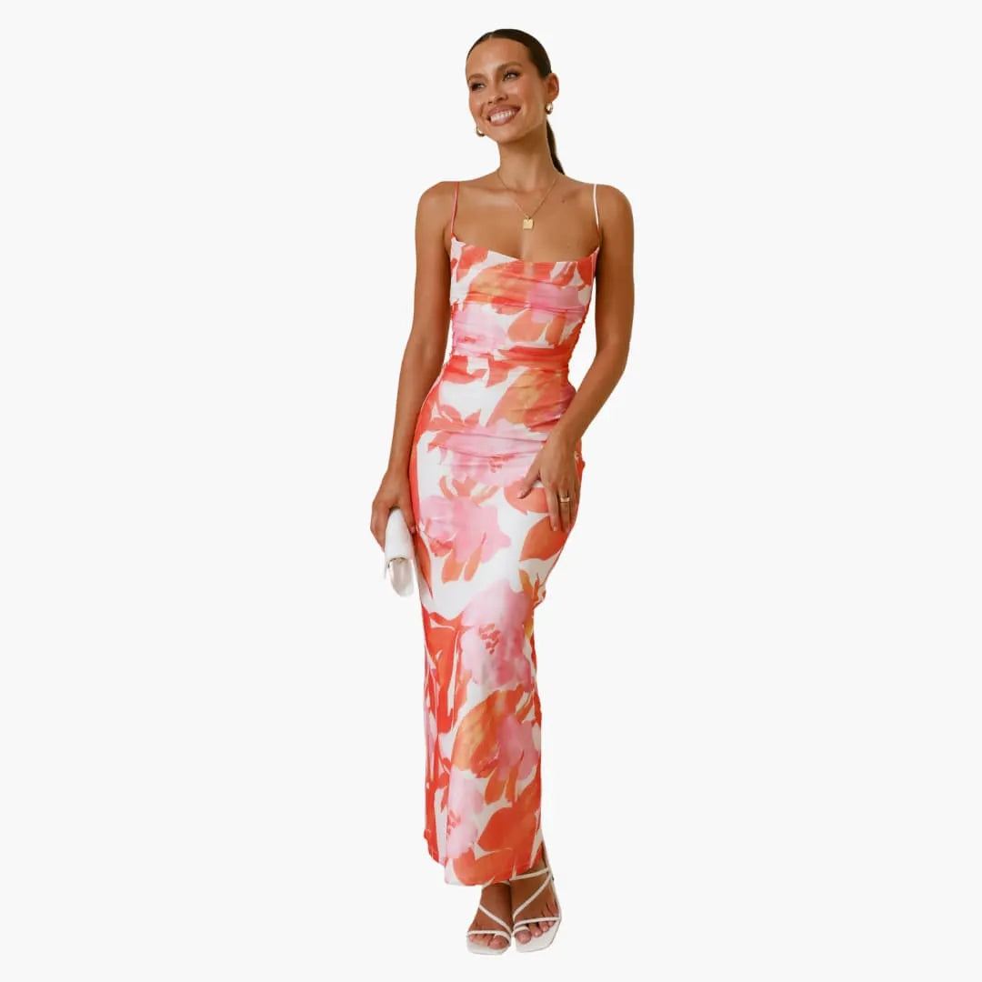 Womenâ€™s maxi dress with cowl neckline and lace-up back