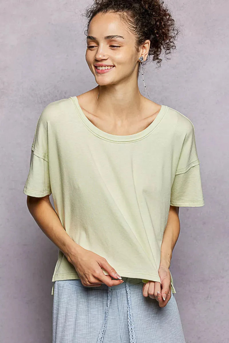 POL Round Neck Short Sleeve T-Shirt with High Low Hem