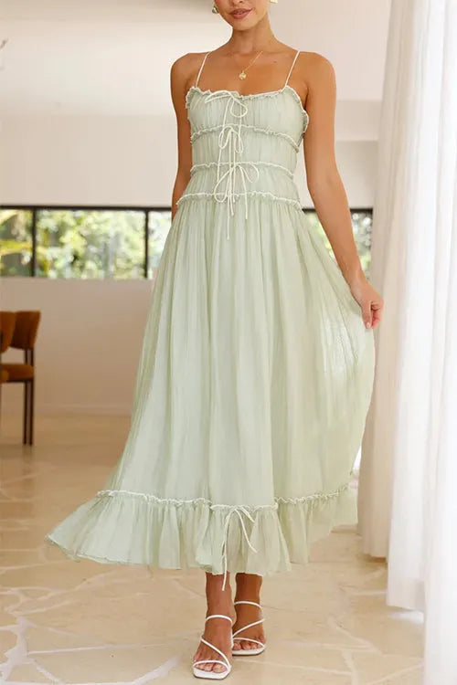 Frill Trim Lace Up Ruched Maxi Cami Dress