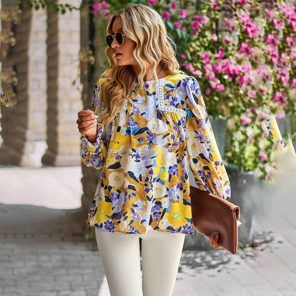Women's floral temperament top versatile shirt