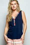 POL Ribbed V-Neck Tank with Contrast Floral Neckband