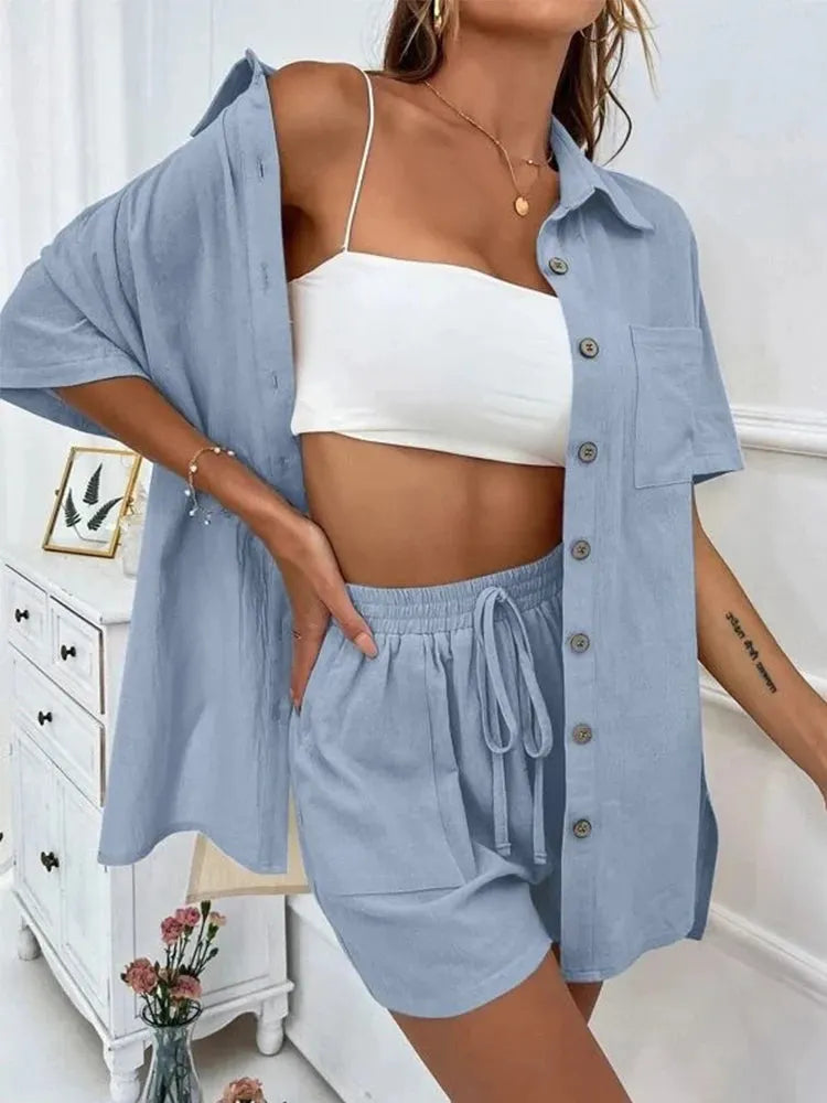 Conjunto Feminino Camisa e Short Liso Casual