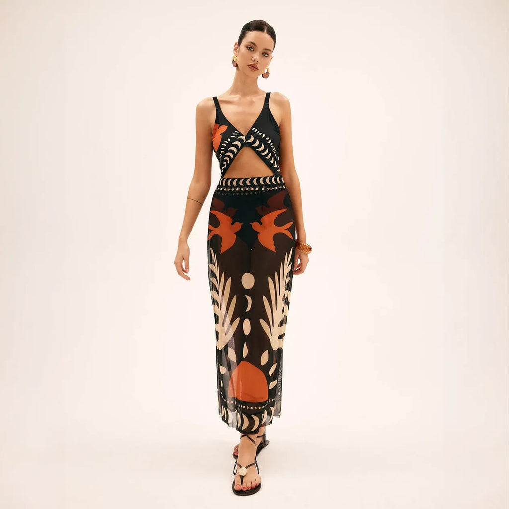 Maxikleid mit abstraktem Print und Schlüsselloch