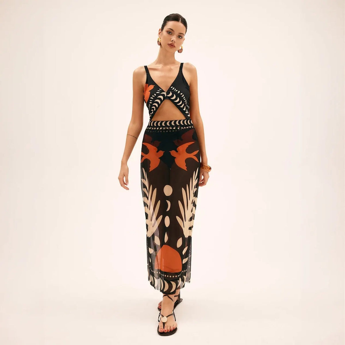 Maxikleid mit abstraktem Print und Schlüsselloch