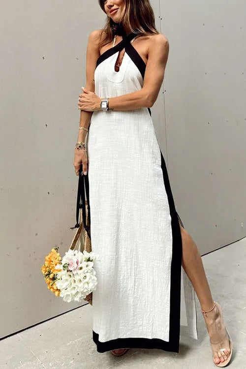 Halter Backless Side Split Color Block Cotton Linen Maxi Dress