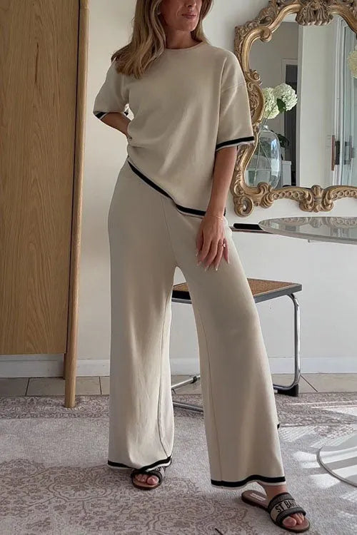Color Block Short Sleeves Side Split Pullover Wide Leg Pants Knitting Loungewear Set
