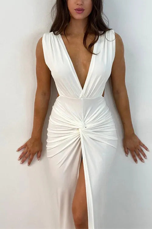 Deep V Neck Backless Ruched Twist Front Slit Maxi Dress