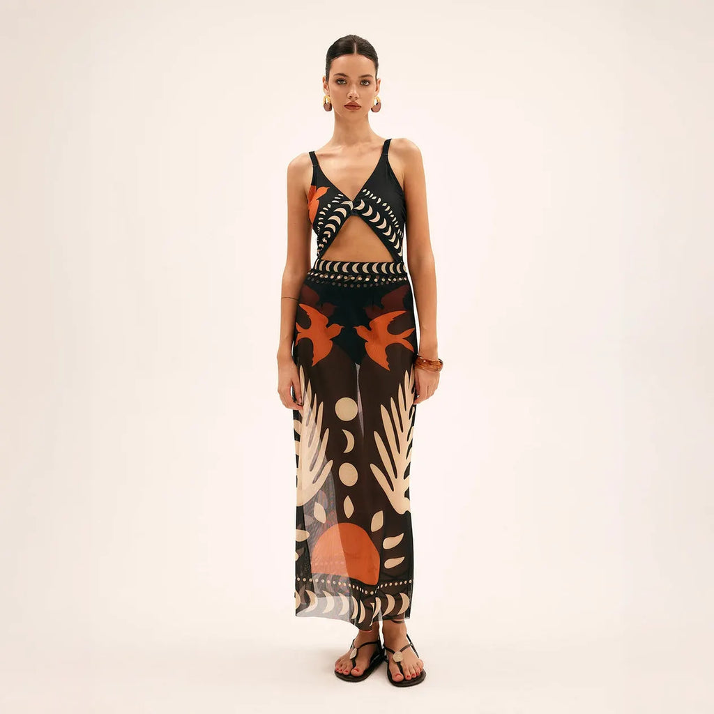 Maxikleid mit abstraktem Print und Schlüsselloch