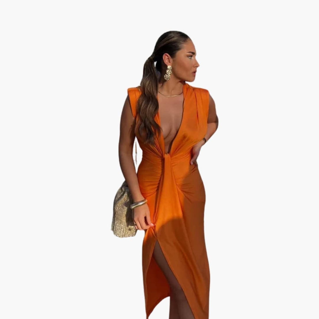 Women's Dress with Ruched Design and V-Neckline
