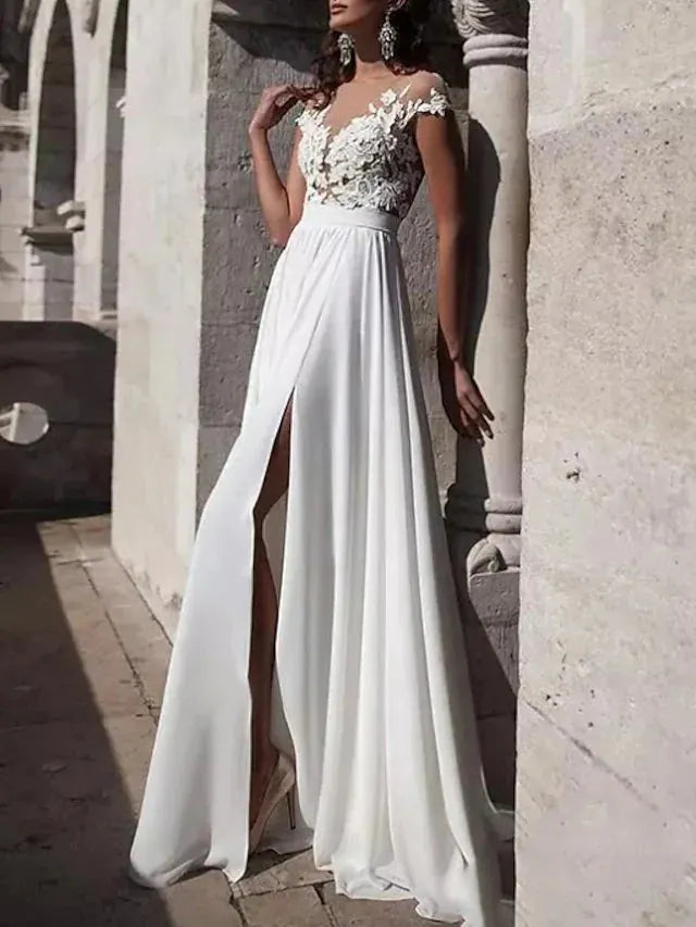 Damen Abendkleid aus Spitze mit floraler Verzierung, Beinschlitz und transparentem RÃ¼cken