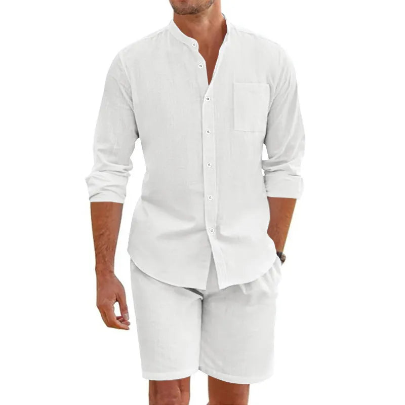 Herren Lässiges Hemd und Shorts Set mit atmungsaktiver Leinenstruktur