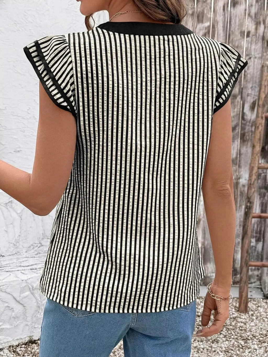Striped Ruffle Sleeve Blouse