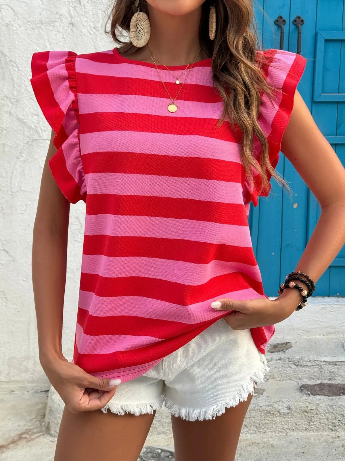Contrast Striped Ruffle Sleeve T-Shirt