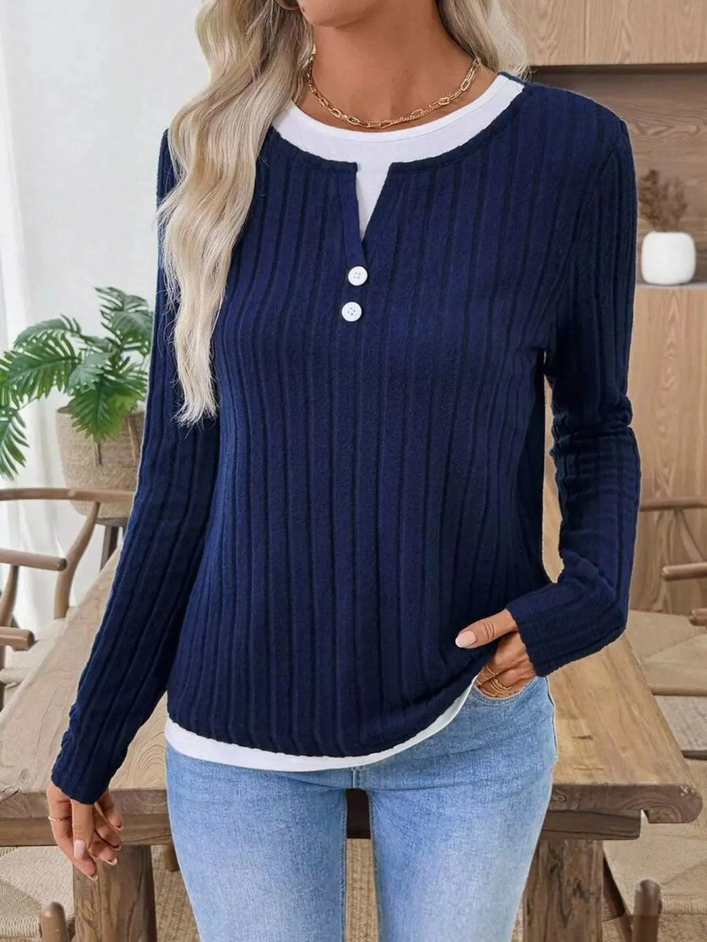 Ribbed Knit Button Detail Contrast Sweater