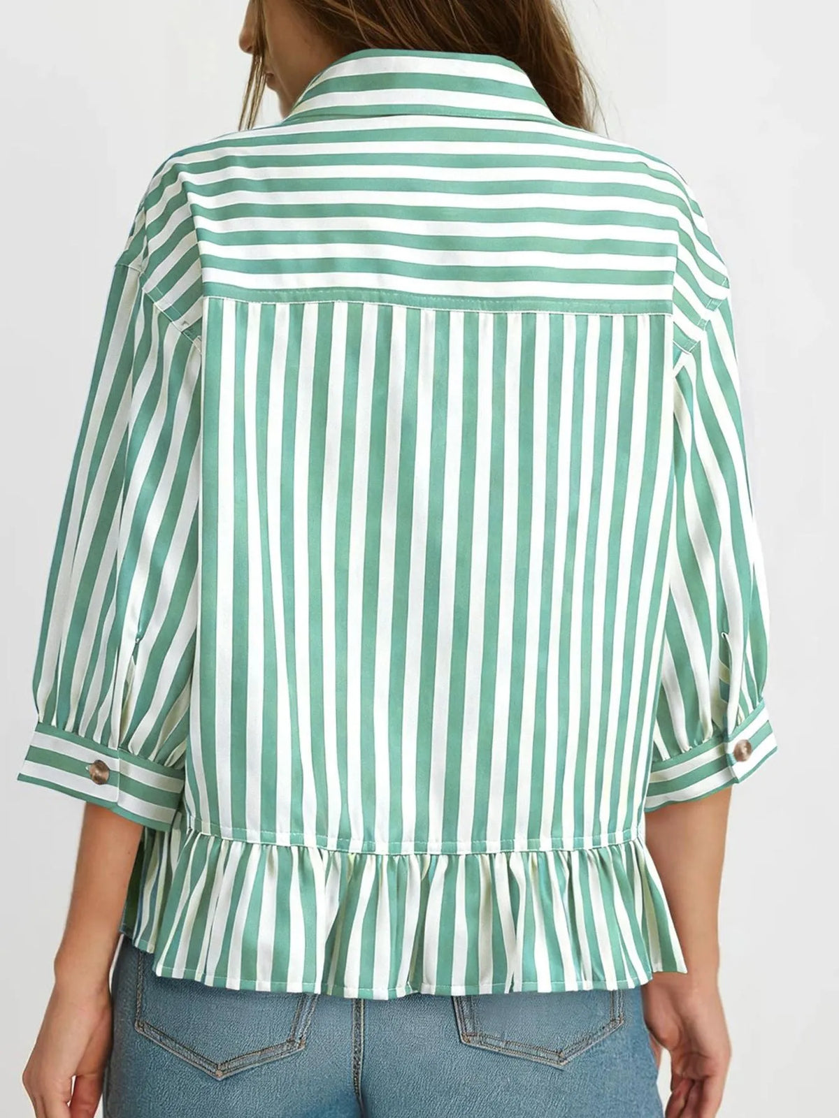 Striped Ruffle Hem Button-Down Shirt