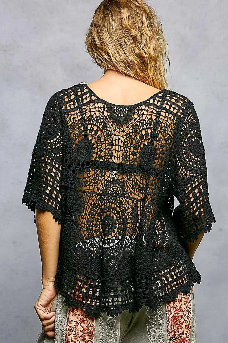 POL V-Neck Crochet Top with Scalloped Hem