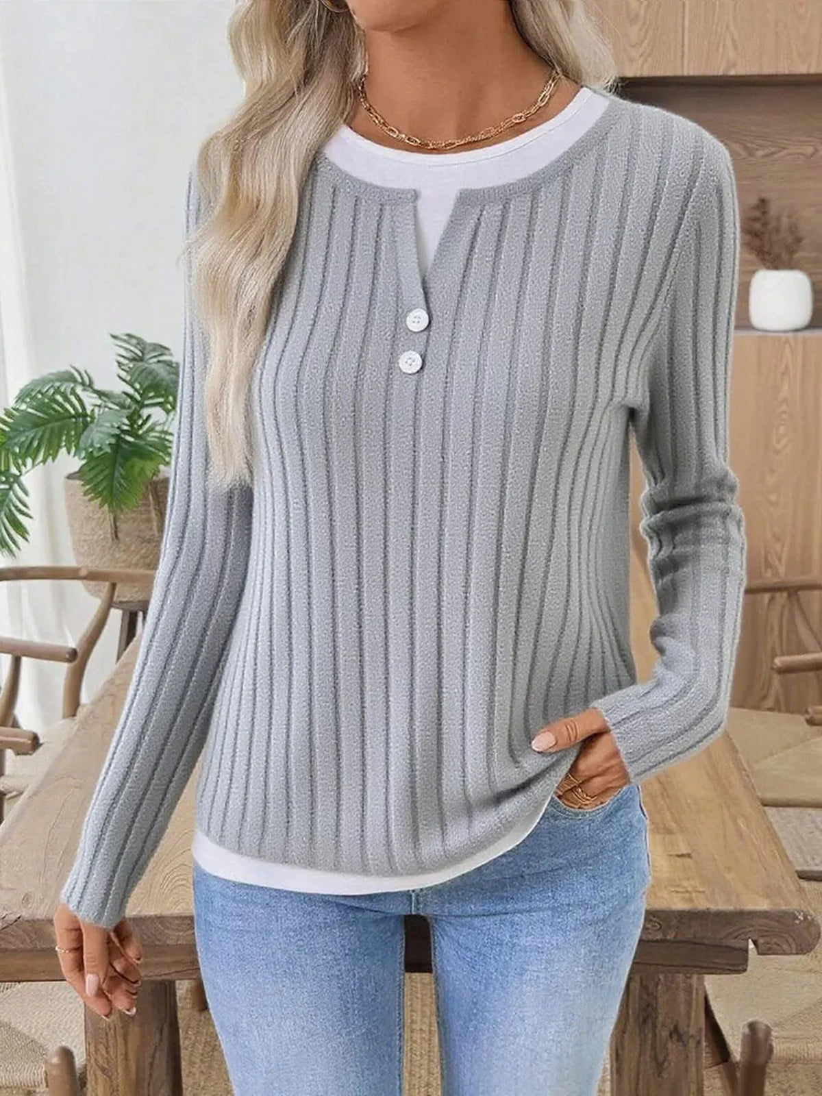 Ribbed Knit Button Detail Contrast Sweater