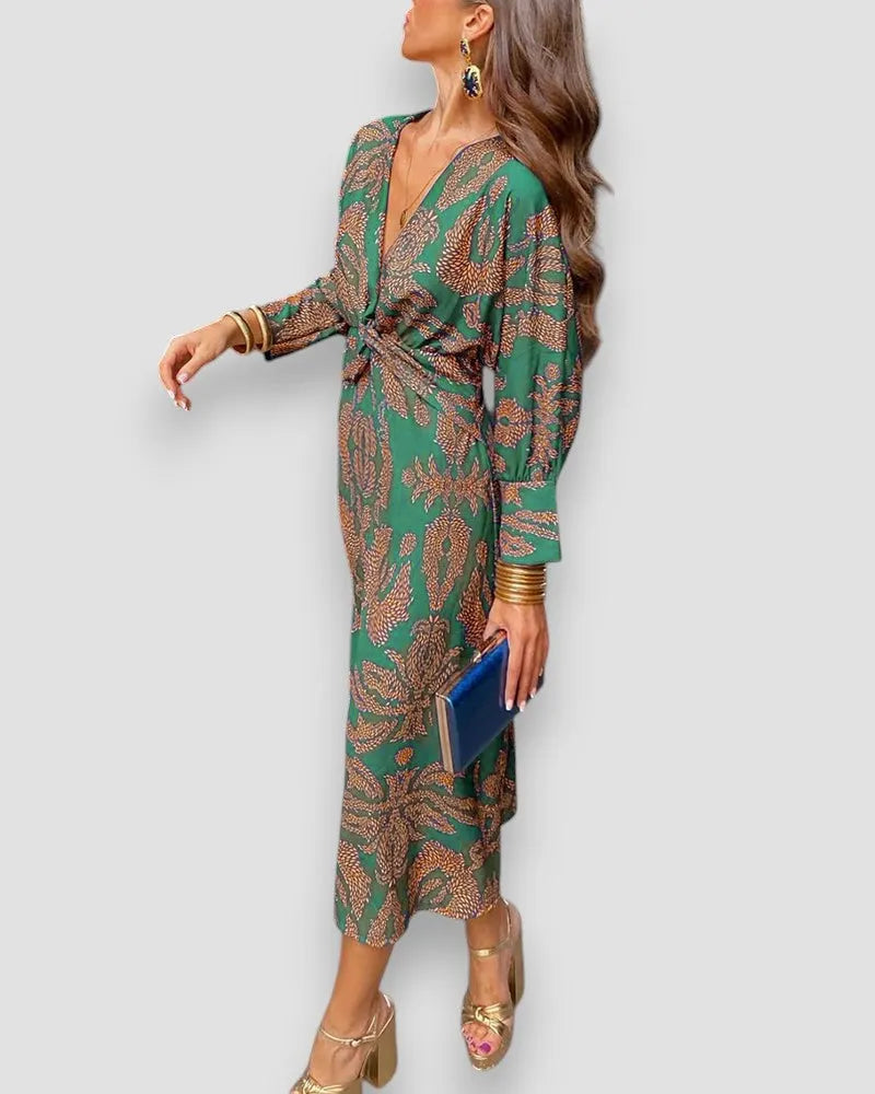 Bedrucktes Langarmkleid – V-Ausschnitt mit Knotendetail