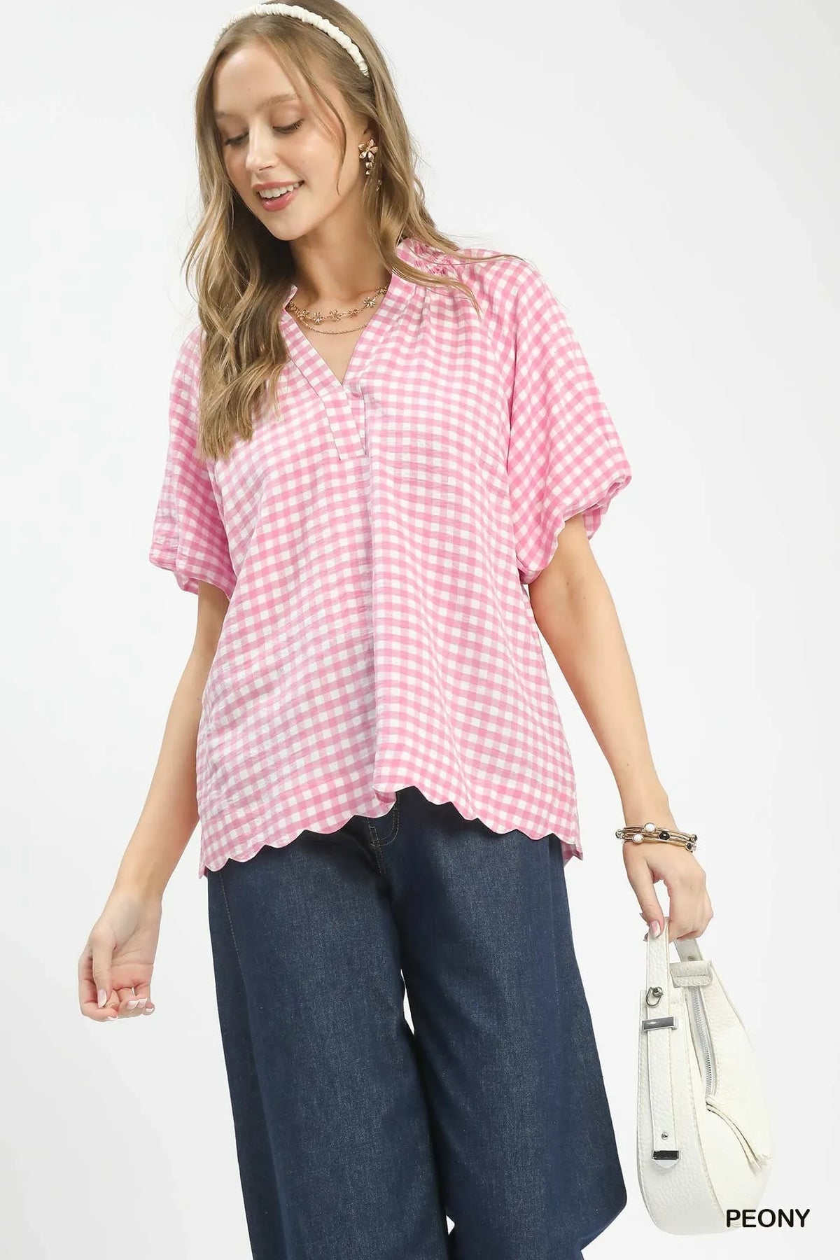 Umgee Gingham Bubble Sleeve Blouse with Scallop Hem