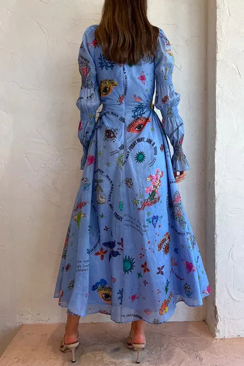 Balloon Long Sleeves Cut Out Graffiti Printed Flowy Midi Dress