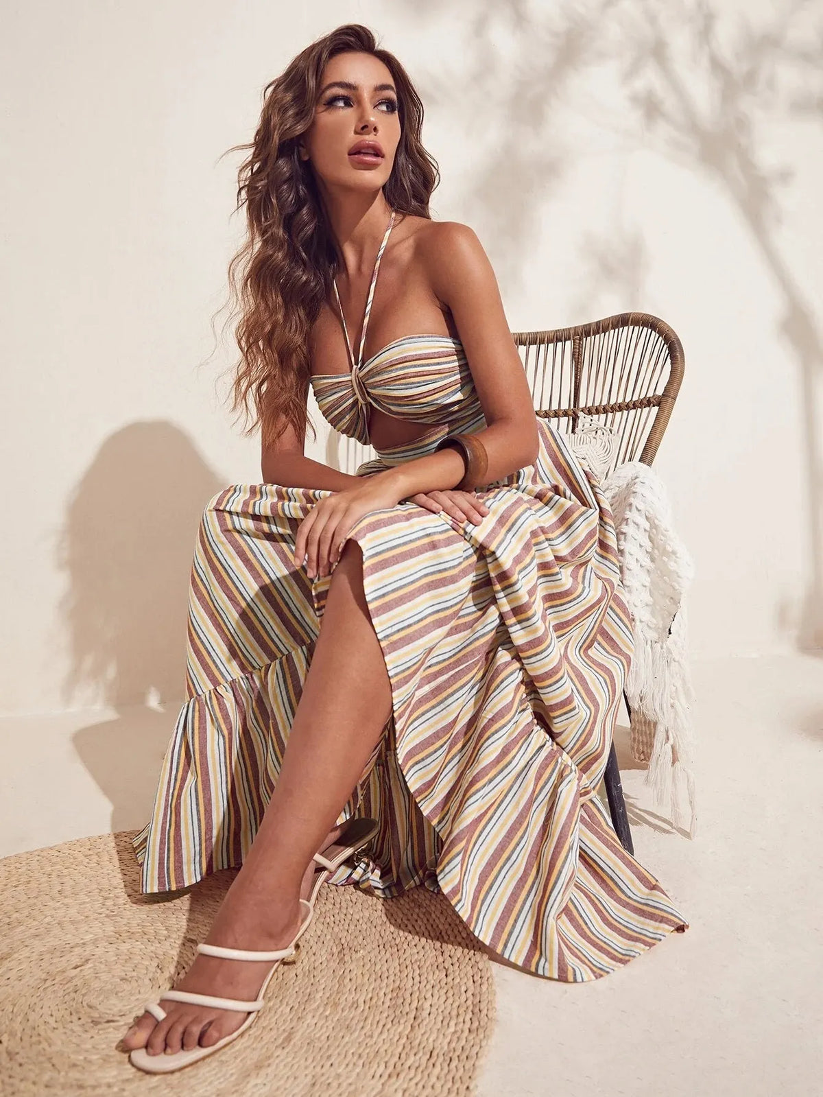 Vestido Longo Isadora Listrado Marrom
