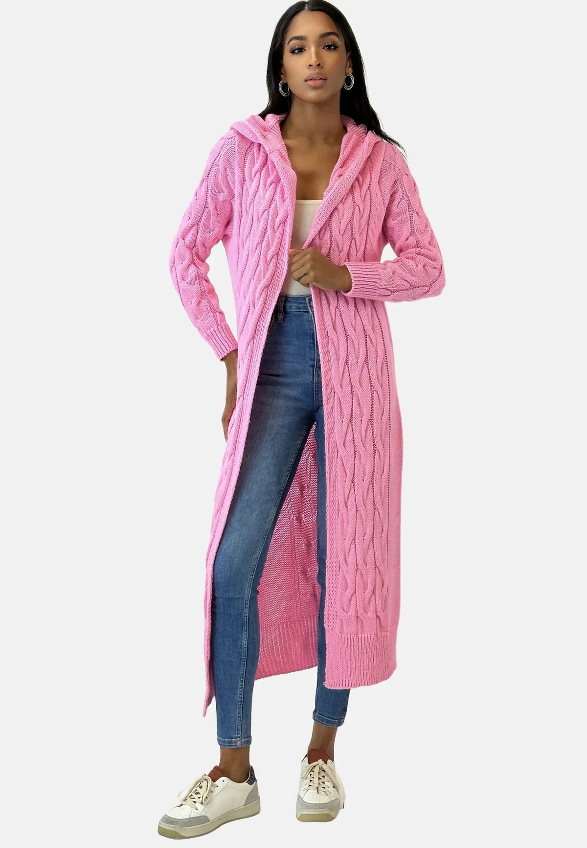 - Lange Strickjacke mit Kapuze