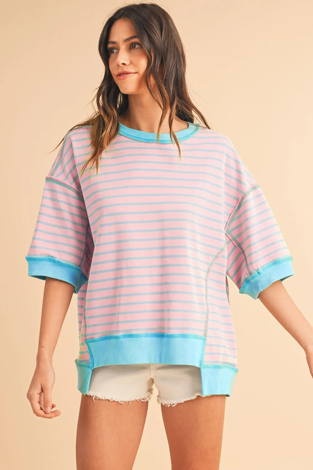 ISA | Gestreept Loose Fit T-Shirt Voor Dames Met Contrast Trim En Wijde Mouwen – Comfortabel, Casual, Stijlvol