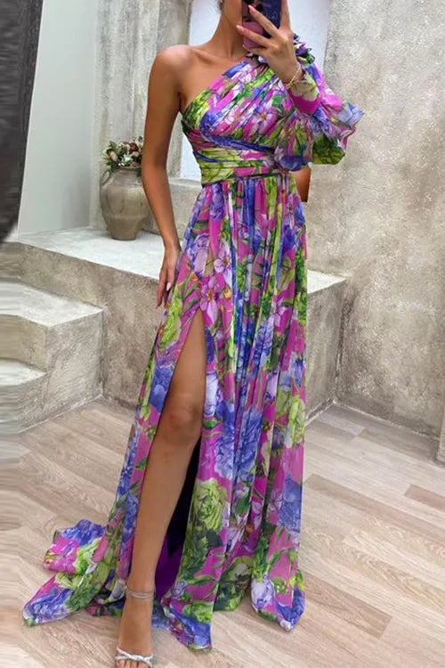 One Shoulder High Slit Waisted Floral Maxi Party Dress