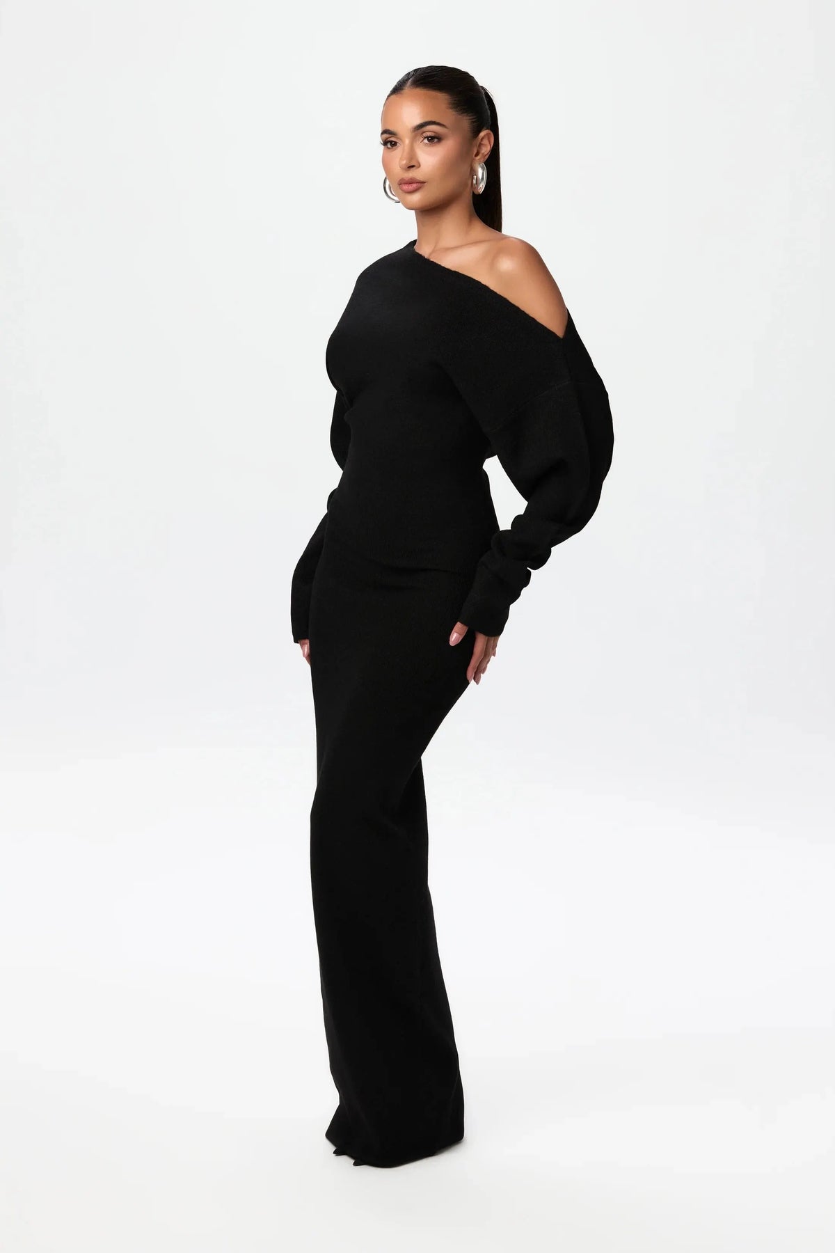 Lange Gebreide Off Shoulder Jurk Voor Dames | Luxe Comfortabele Slim Fit Jurk