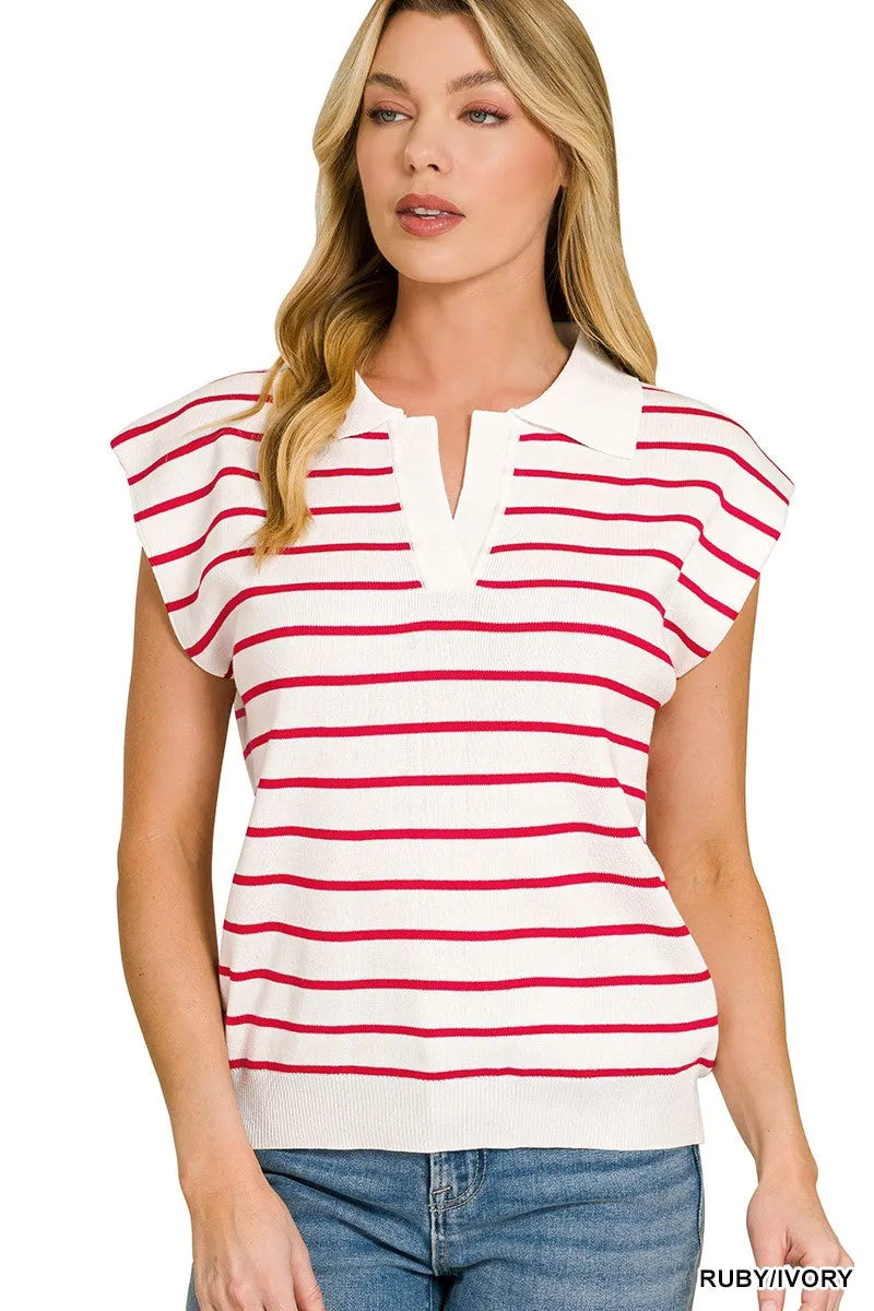 Zenana Viscose Striped Collared Sweater Vest